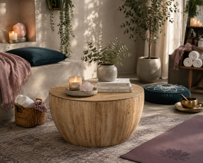 Vintage barrel storage coffee table styled in a serene spa retreat with natural fir wood grain, books, candle, rose quartz, eucalyptus, mauve textiles, dark teal cushion, and soft CDD décor. — for Carpe Diem Dream