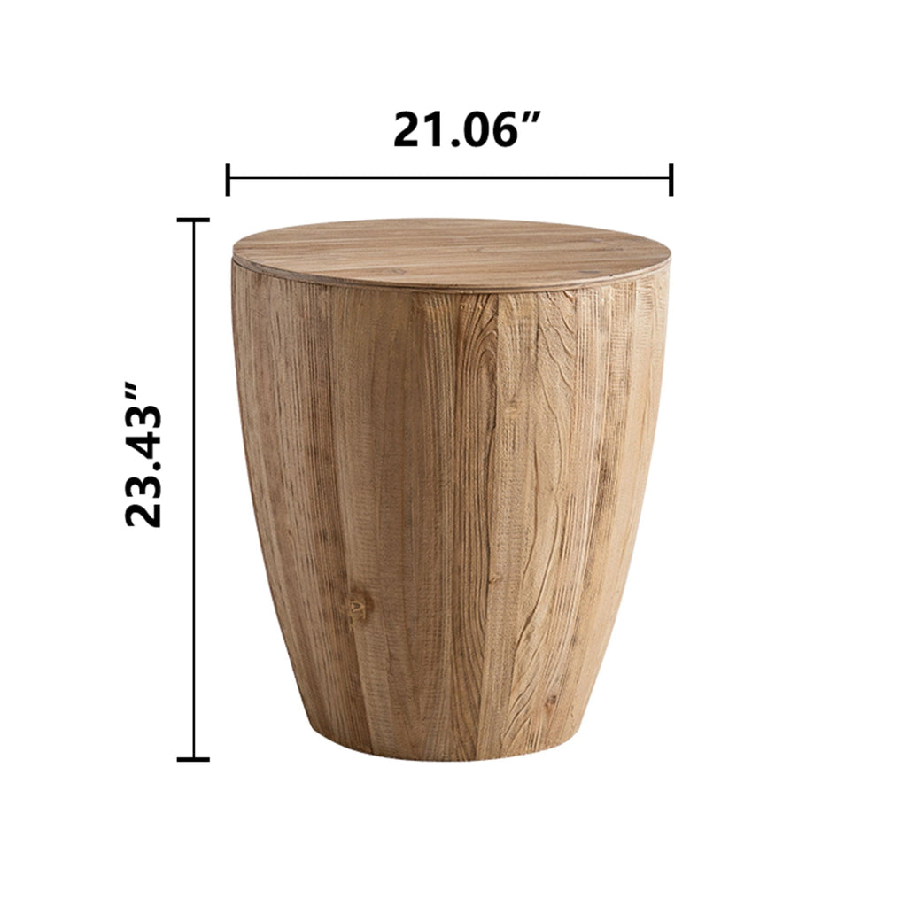 Tall vintage barrel storage coffee table in natural fir wood shown with 21.06 inch width and 23.43 inch height measurement details. — for Carpe Diem Dream
