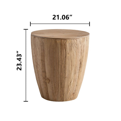 Tall vintage barrel storage coffee table in natural fir wood shown with 21.06 inch width and 23.43 inch height measurement details. — for Carpe Diem Dream