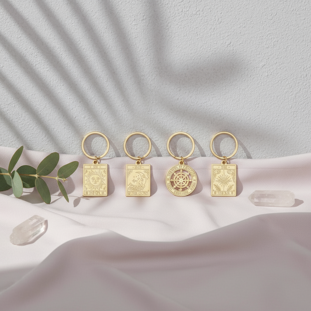 Vintage Tarot Card Keyrings displayed on blush silk fabric under natural light, featuring four gold tarot keychains with symbolic designs, styled with eucalyptus sprig and rose quartz crystal by Carpe Diem Dream.
