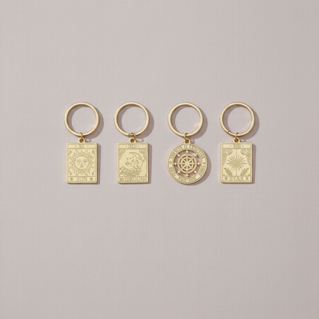 Set of four vintage-style gold tarot keyrings displayed on a soft neutral background, each engraved with symbolic sun, moon, wheel, and star designs – for Carpe Diem Dream.