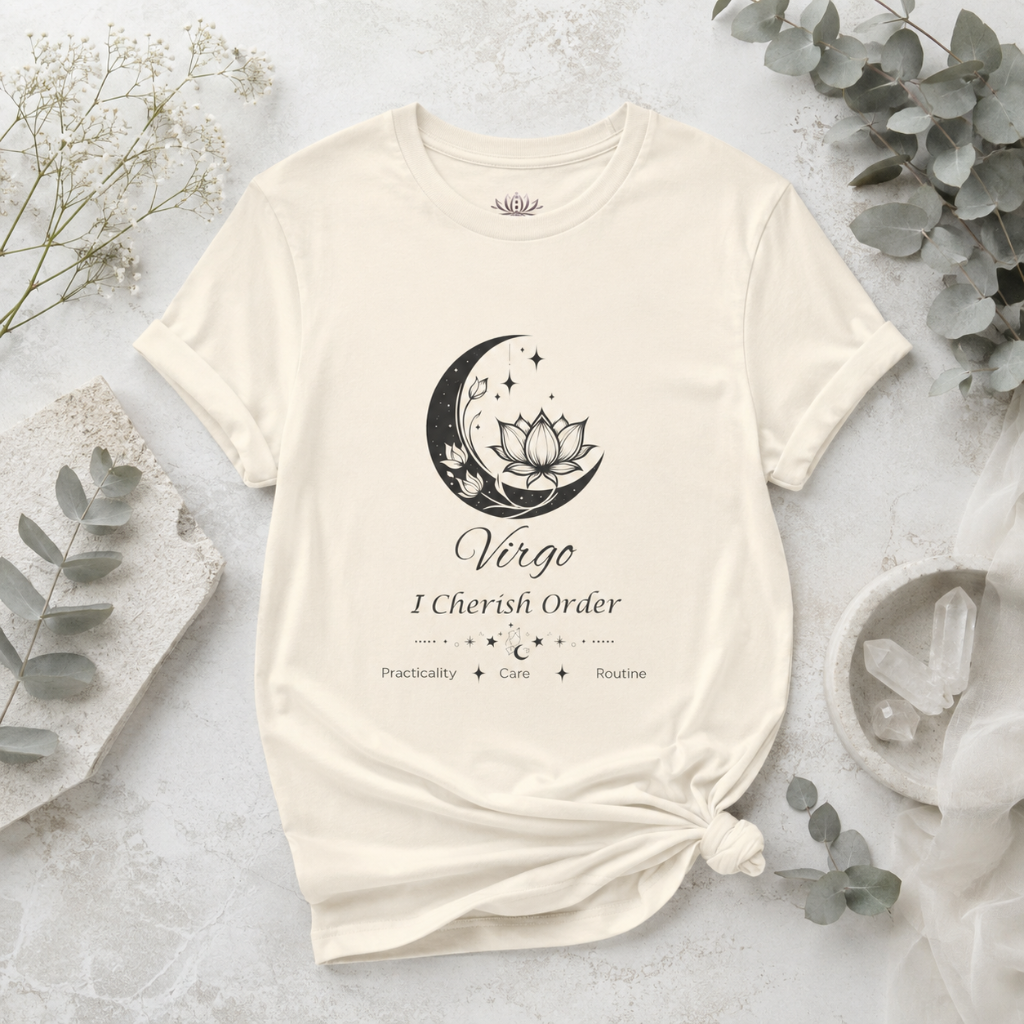 Virgo Moon I Cherish Order zodiac T-shirt in Natural with black moon-inspired lotus, floral, and celestial artwork and Practicality, Care, Routine text, styled in a cool-toned studio botanical flat lay. — for Carpe Diem Dream