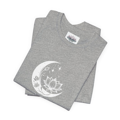 Virgo Moon I Cherish Order zodiac T-shirt in Athletic Heather with white moon-inspired lotus, floral, and celestial artwork, shown folded in a supplier mockup. — for Carpe Diem Dream