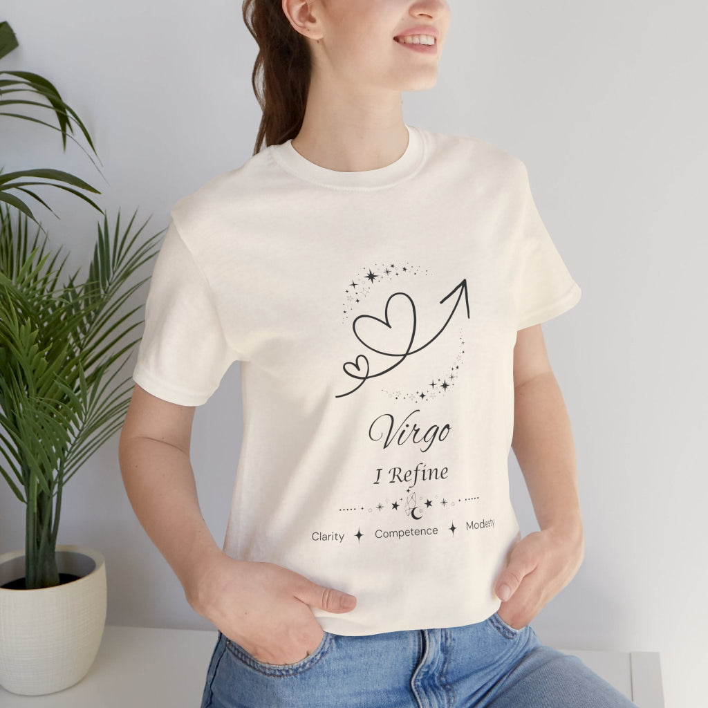 Model wearing a Natural Virgo Rising I Refine zodiac T-shirt with black celestial heart and arrow artwork. — for Carpe Diem Dream