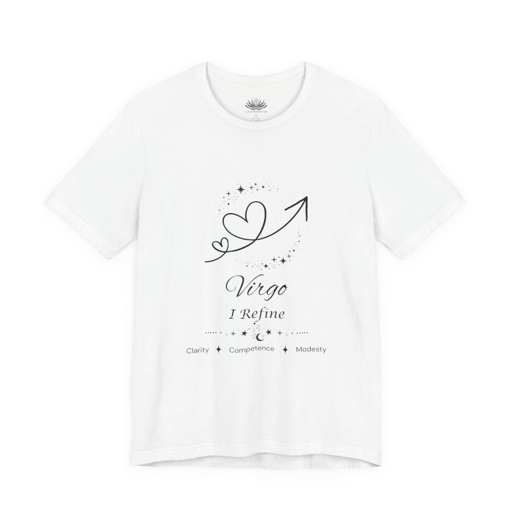 White Virgo Rising I Refine zodiac T-shirt with black celestial heart and arrow artwork, shown in a flat supplier mockup. — for Carpe Diem Dream