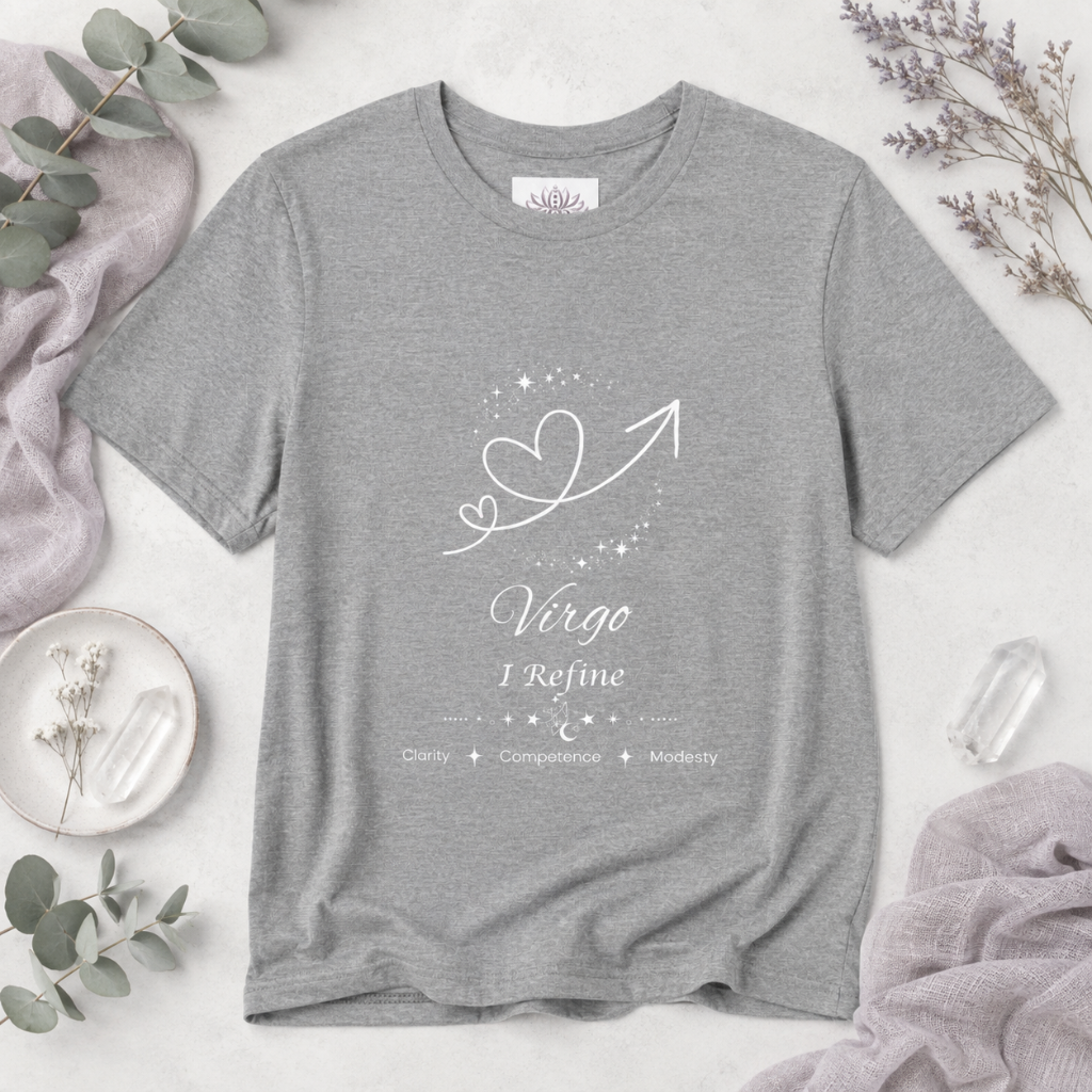 Virgo Rising I Refine zodiac T-shirt in Athletic Heather with white celestial heart and arrow artwork and Clarity, Competence, Modesty text, styled in a cool-toned studio botanical flat lay. — for Carpe Diem Dream