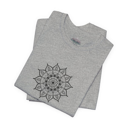 Virgo Sun I Analyze zodiac T-shirt in athletic heather with black sun-inspired mandala artwork, shown folded with Carpe Diem Dream neck label in a supplier mockup. — for Carpe Diem Dream