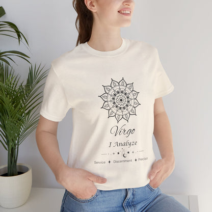 Virgo Sun I Analyze zodiac T-shirt in natural with black sun-inspired mandala artwork, shown worn by a model in a supplier mockup. — for Carpe Diem Dream