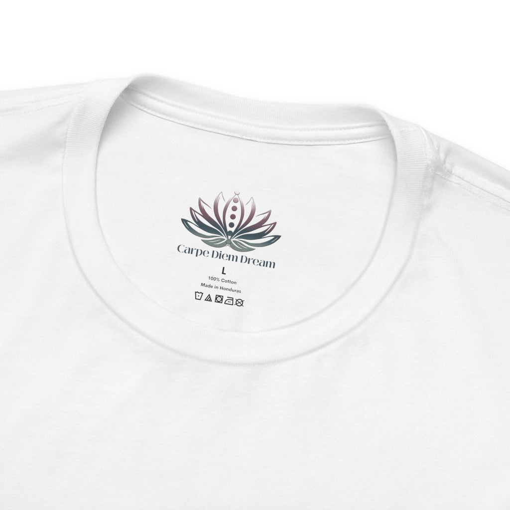 Virgo Sun I Analyze zodiac T-shirt in white with close-up view of the custom Carpe Diem Dream inner neck label in a supplier mockup. — for Carpe Diem Dream