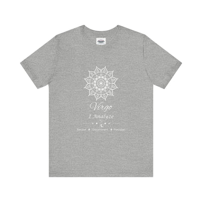 Virgo Sun I Analyze zodiac T-shirt in athletic heather with white sun-inspired mandala artwork and Service, Discernment, Precision text, shown flat in a supplier mockup. — for Carpe Diem Dream