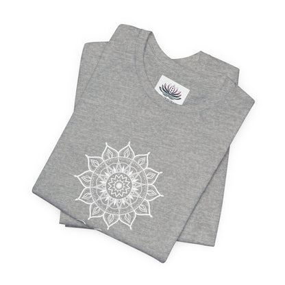 Virgo Sun I Analyze zodiac T-shirt in athletic heather with white sun-inspired mandala artwork, shown folded with Carpe Diem Dream neck label in a supplier mockup. — for Carpe Diem Dream