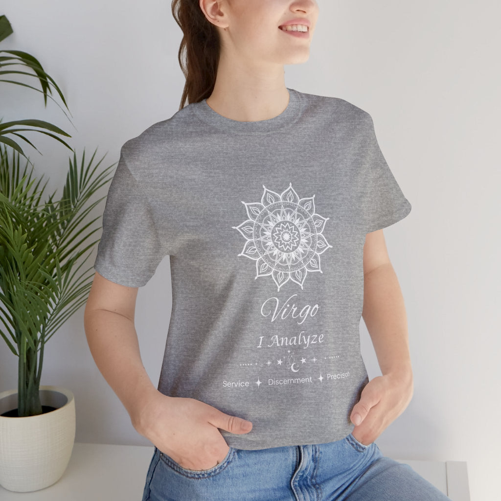 Virgo Sun I Analyze zodiac T-shirt in athletic heather with white sun-inspired mandala artwork, shown worn by a model in a supplier mockup. — for Carpe Diem Dream