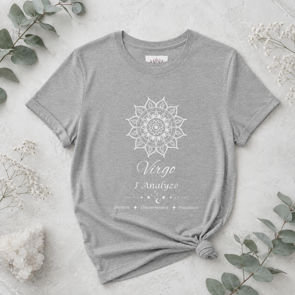 Virgo Sun I Analyze zodiac T-shirt in athletic heather with white sun-inspired mandala artwork and Service, Discernment, Precision text, styled in a cool-toned studio botanical flat lay. — for Carpe Diem Dream
