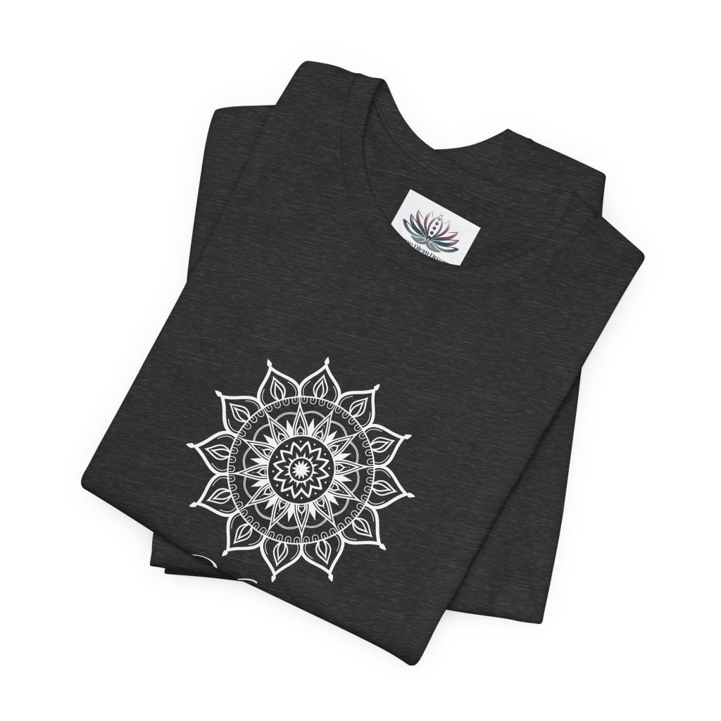 Virgo Sun I Analyze zodiac T-shirt in dark gray heather with white sun-inspired mandala artwork, shown folded with Carpe Diem Dream neck label in a supplier mockup. — for Carpe Diem Dream