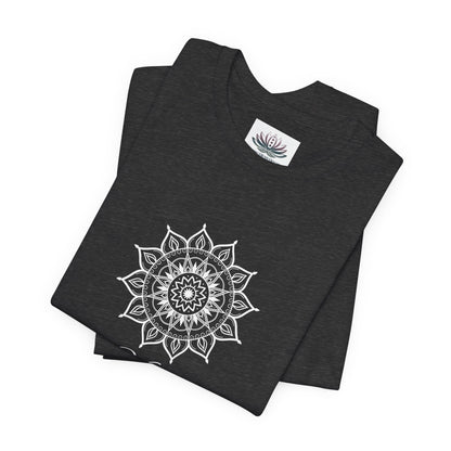 Virgo Sun I Analyze zodiac T-shirt in dark gray heather with white sun-inspired mandala artwork, shown folded with Carpe Diem Dream neck label in a supplier mockup. — for Carpe Diem Dream
