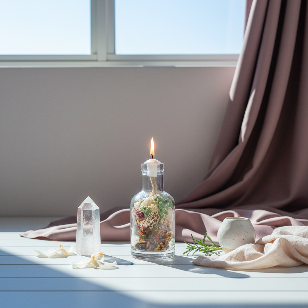 A Virgo zodiac oil candle with delicate white and green botanicals in a clear glass vessel is styled with soft draped fabric, a crystal, and gentle window light in an artistic, serene setting. — for Carpe Diem Dream