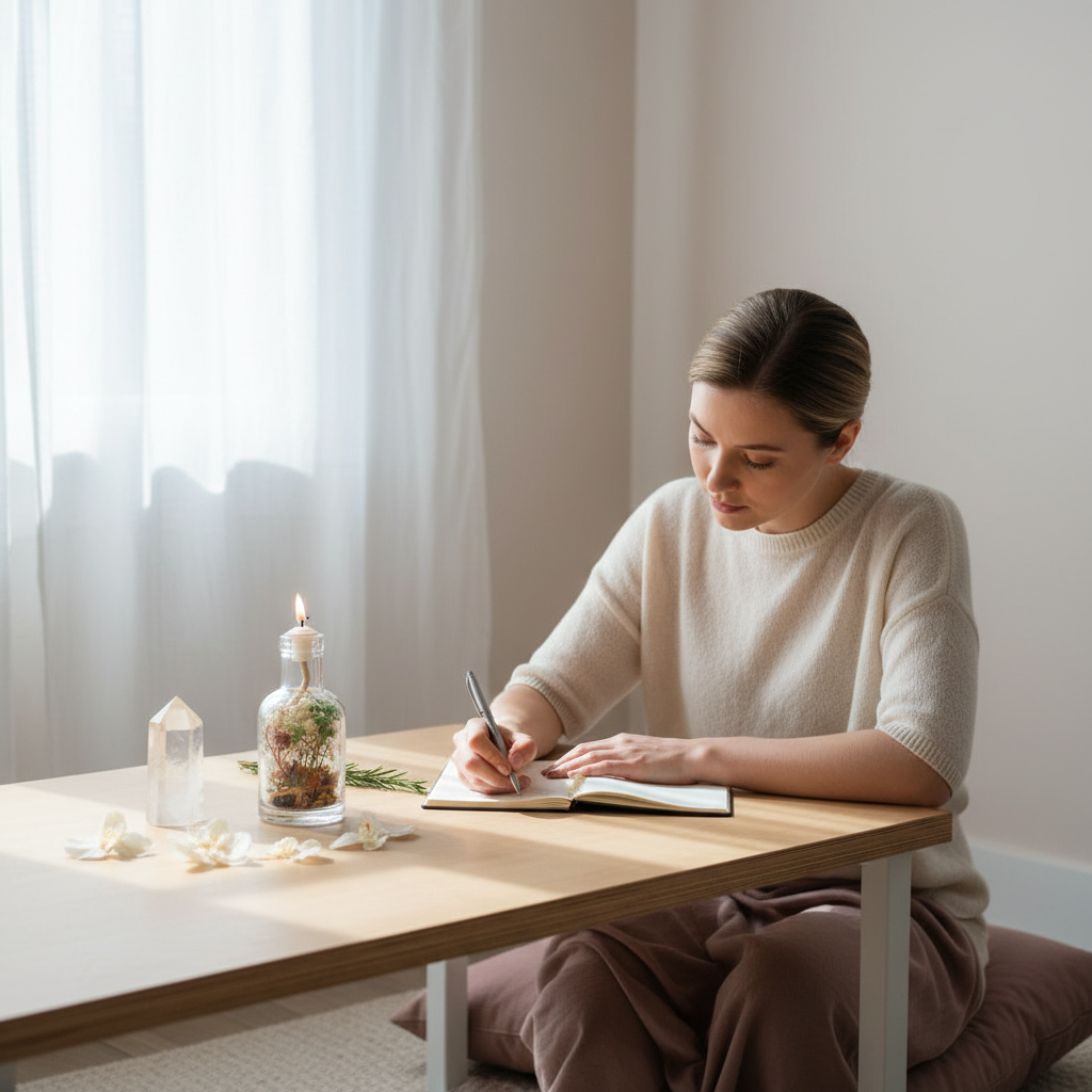 A Virgo zodiac oil candle with delicate white and green botanicals in a clear glass vessel sits on a wooden table beside a journal as a person writes in a calm, focused home setting. — for Carpe Diem Dream