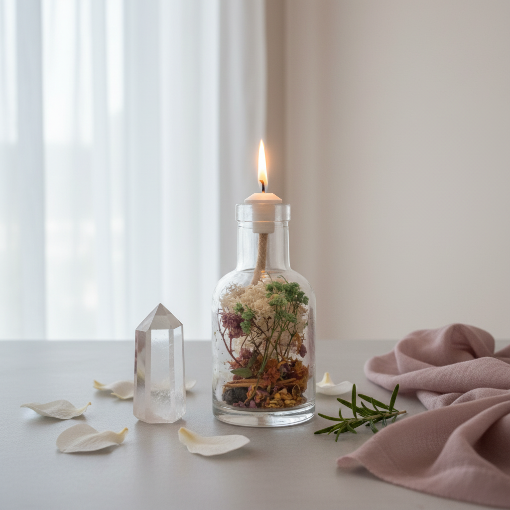 A Virgo zodiac oil candle with delicate white and green botanicals in a clear glass vessel sits on a softly lit table near sheer curtains with a crystal, petals, and fabric accents in a calm lifestyle setting. — for Carpe Diem Dream