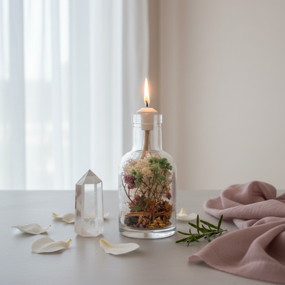 A Virgo zodiac oil candle with delicate white and green botanicals in a clear glass vessel sits on a softly lit table near sheer curtains with a crystal, petals, and fabric accents in a calm lifestyle setting. — for Carpe Diem Dream