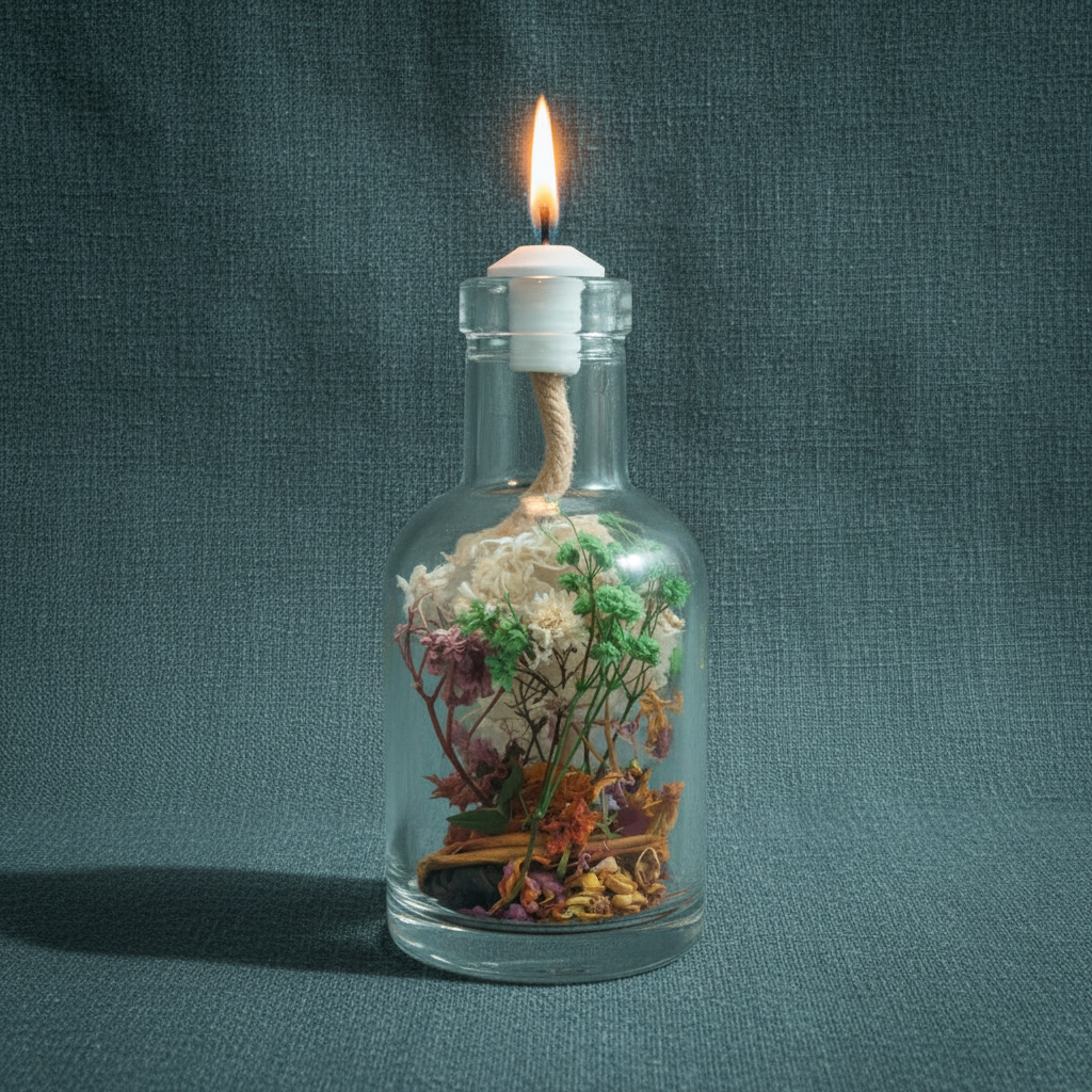 A Virgo zodiac oil candle with delicate white and green botanicals in a clear glass vessel burns with a steady flame against a deep teal textured background. — for Carpe Diem Dream
