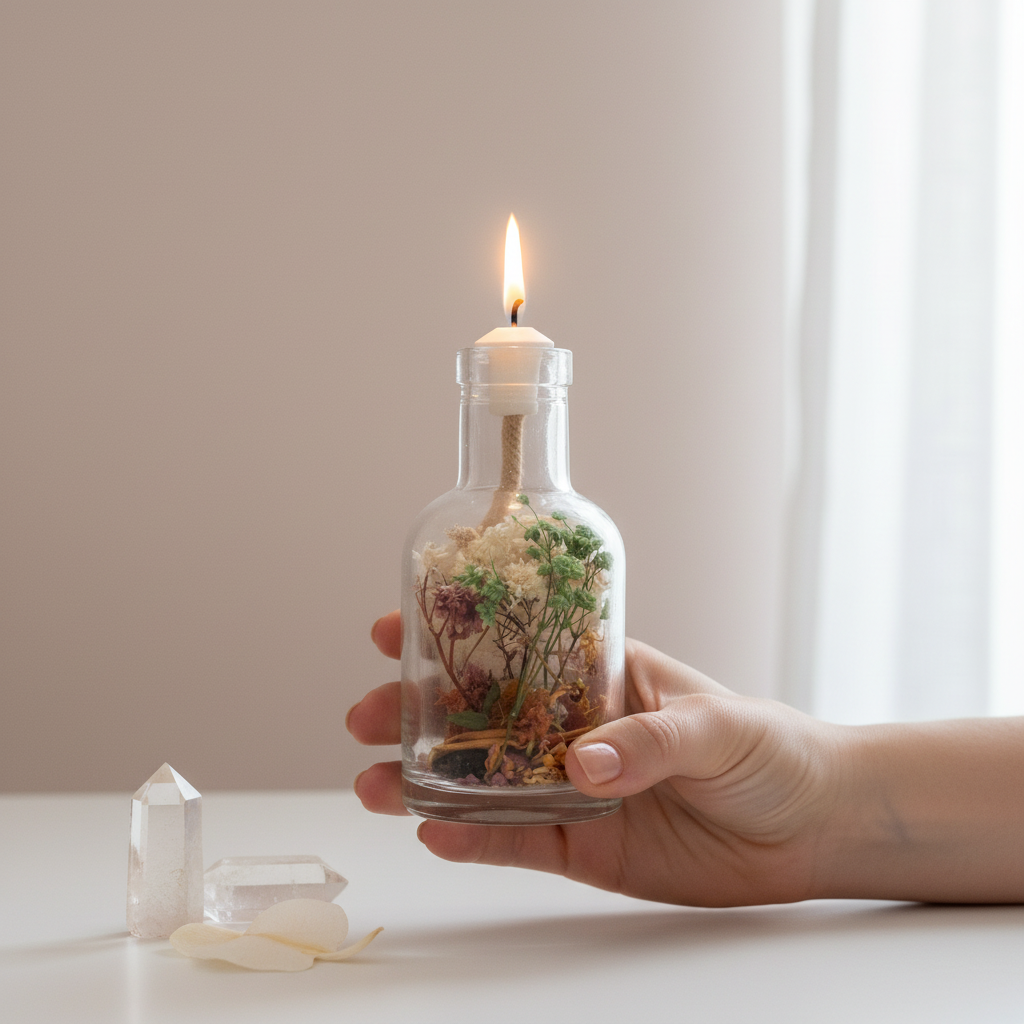 A hand holds a Virgo zodiac oil candle with delicate white and green botanicals in a clear glass vessel beside a small crystal and petals, showing size and scale. — for Carpe Diem Dream