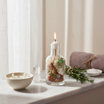 A Virgo zodiac oil candle with delicate white and green botanicals in a clear glass vessel is styled with a crystal, herbs, and a small bowl on a soft neutral surface in a calm spa-inspired setting. — for Carpe Diem Dream