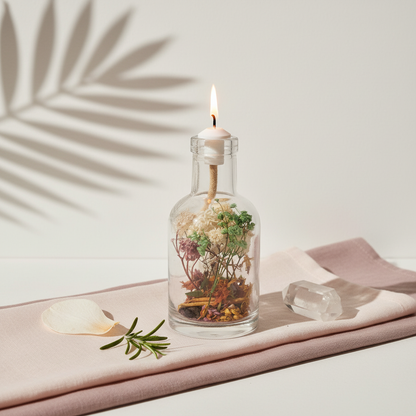 A Virgo zodiac oil candle with delicate white and green botanicals in a clear glass vessel is styled on soft linen with a crystal, herbs, and botanical shadows against a light neutral background. — for Carpe Diem Dream