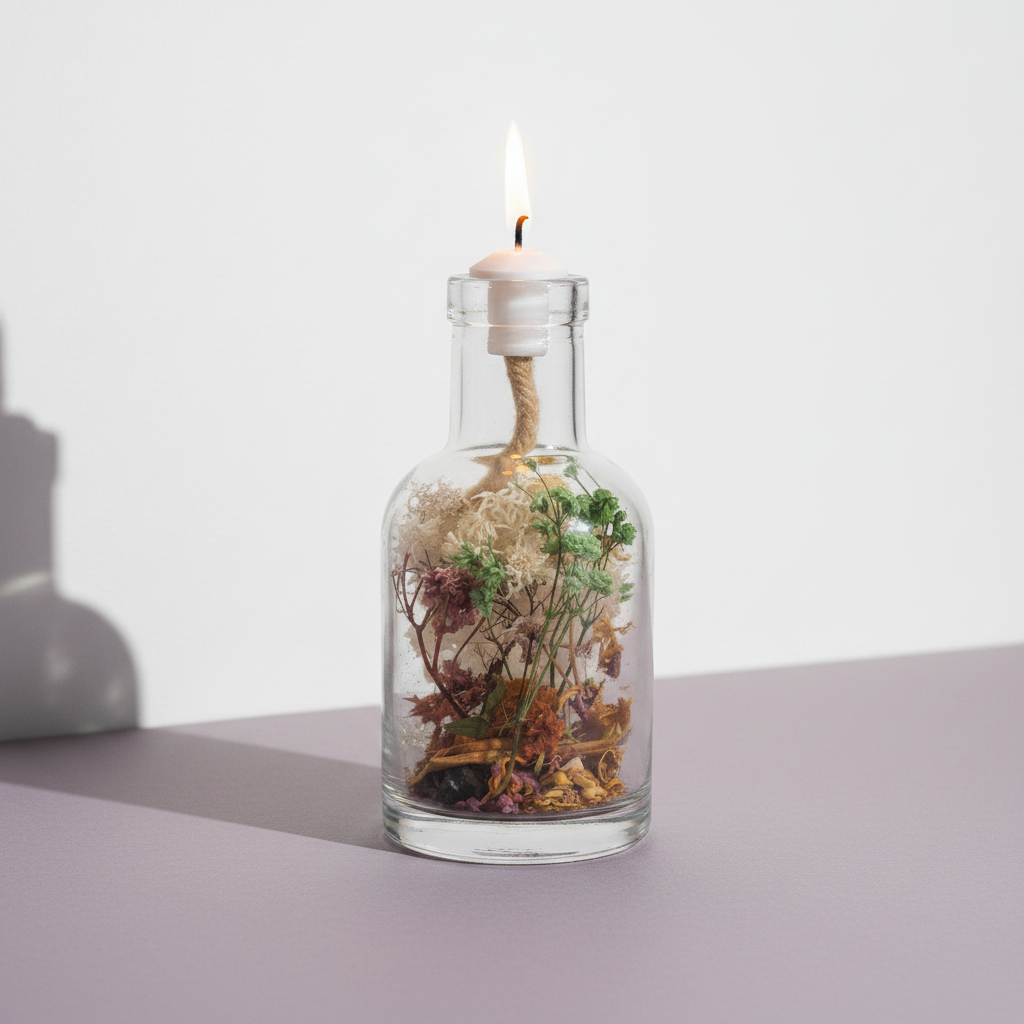 A Virgo zodiac oil candle with delicate white and green botanicals in a clear glass vessel burns with a steady flame against a soft neutral studio background. — for Carpe Diem Dream