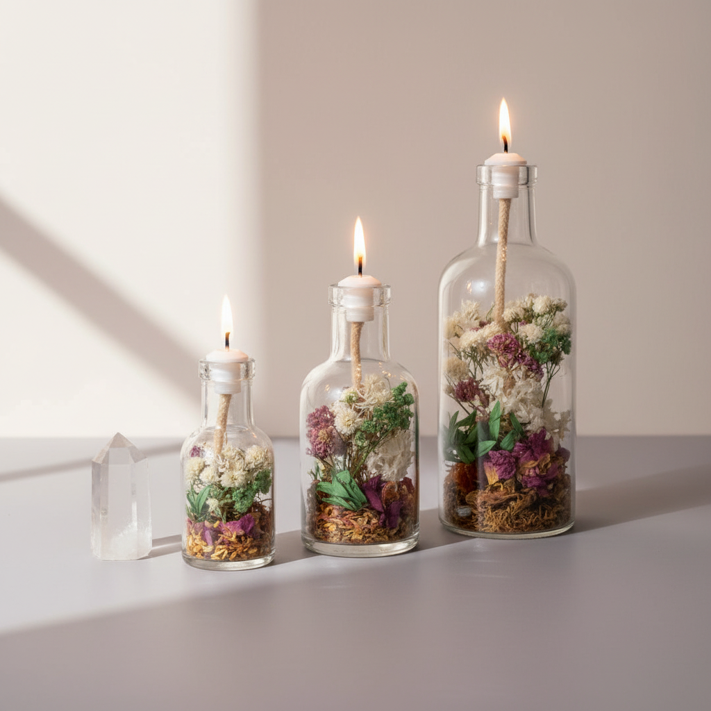 Three Virgo zodiac oil candles in different sizes with delicate white and green botanicals in clear glass vessels are displayed side by side on a soft neutral background. — for Carpe Diem Dream