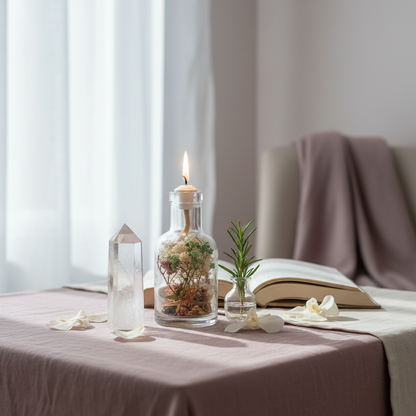 A Virgo zodiac oil candle with delicate white and green botanicals in a clear glass vessel is styled beside an open book and crystal on a soft neutral surface in a calm, reflective setting. — for Carpe Diem Dream