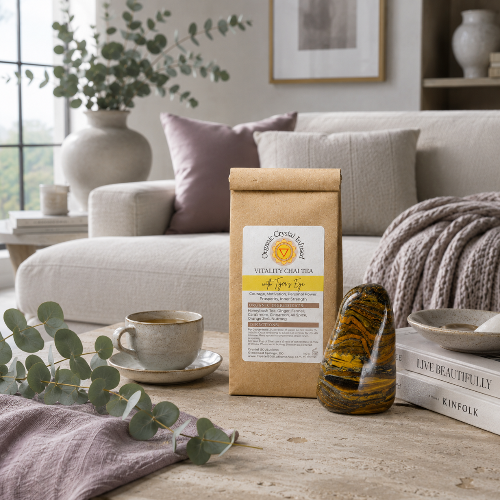 Vitality Chai Tea – Organic Crystal-Infused Tea with Tiger's Eye naturally styled within a bright quiet-luxury living room featuring Roman Clay-inspired finishes, natural stone, eucalyptus, soft textiles, and cool diffused daylight. The authentic product complements a calm, intentional daily lifestyle while remaining clearly recognizable. — for Carpe Diem Dream