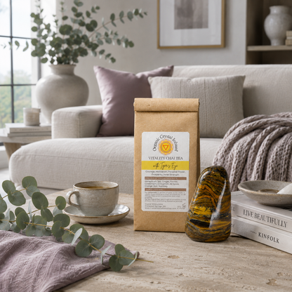 Vitality Chai Tea – Organic Crystal-Infused Tea with Tiger's Eye naturally styled within a bright quiet-luxury living room featuring Roman Clay-inspired finishes, natural stone, eucalyptus, soft textiles, and cool diffused daylight. The authentic product complements a calm, intentional daily lifestyle while remaining clearly recognizable. — for Carpe Diem Dream