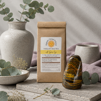 Vitality Chai Tea – Organic Crystal-Infused Tea with Tiger's Eye displayed in the Carpe Diem Dream Botanical Studio on natural limestone with Roman Clay walls, matte ceramics, eucalyptus, mauve linen, and soft cool diffused daylight. The authentic product remains the focal point within a refined quiet-luxury botanical setting. — for Carpe Diem Dream