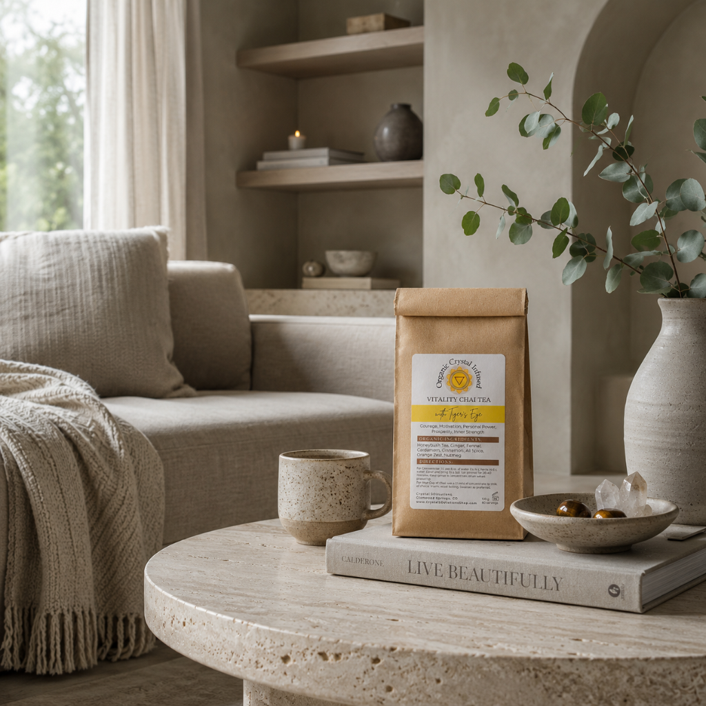 Vitality Chai Tea – Organic Crystal-Infused Tea with Tiger's Eye naturally styled in a quiet luxury living room on a travertine coffee table with a ceramic tea mug, Roman Clay walls, pale oak accents, and cool diffused daylight, creating a calm everyday wellness ritual. — for Carpe Diem Dream