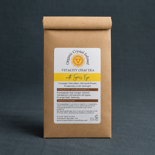 Vitality Chai Tea – Organic Crystal-Infused Tea with Tiger's Eye in the authentic 100 g kraft paper package, photographed dark teal textured linen background with cool diffused lighting, soft contact shadows, and no props. — for Carpe Diem Dream