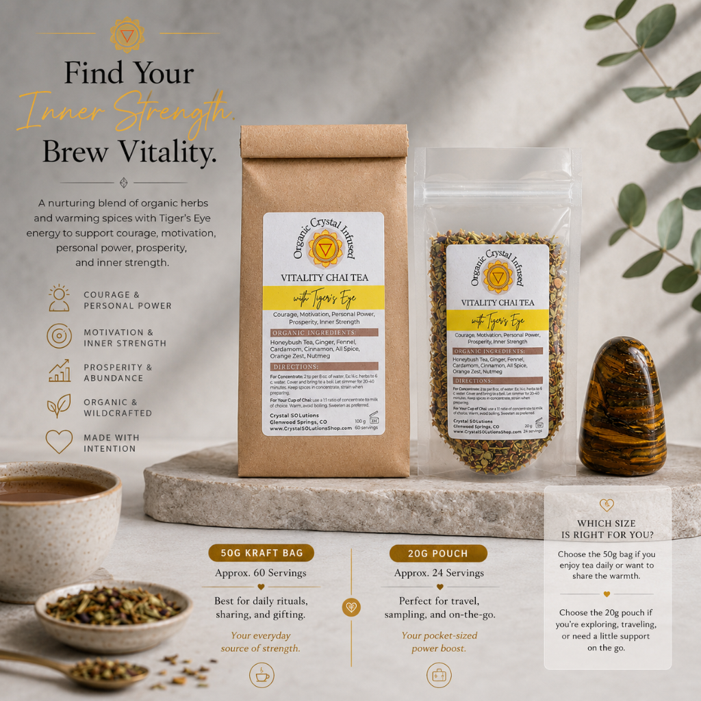 Vitality Chai Tea – Organic Crystal-Infused Tea with Tiger's Eye displayed in both the 50g Kraft Bag and 20g Pouch within a premium Carpe Diem Dream editorial comparison featuring Roman Clay walls, natural limestone, subtle wellness styling, educational typography, and cool diffused daylight. The authentic product variants remain true to scale while helping customers choose the size that best fits their lifestyle. — for Carpe Diem Dream