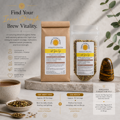 Vitality Chai Tea – Organic Crystal-Infused Tea with Tiger's Eye displayed in both the 50g Kraft Bag and 20g Pouch within a premium Carpe Diem Dream editorial comparison featuring Roman Clay walls, natural limestone, subtle wellness styling, educational typography, and cool diffused daylight. The authentic product variants remain true to scale while helping customers choose the size that best fits their lifestyle. — for Carpe Diem Dream
