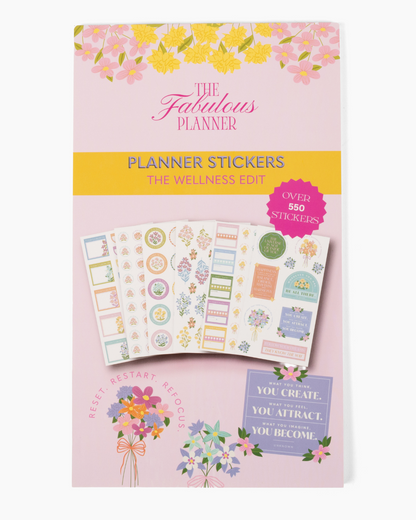 ront cover of Wellness Edit planner sticker book showing pink floral design and over 550 wellness-themed stickers on a white background — for Carpe Diem Dream
