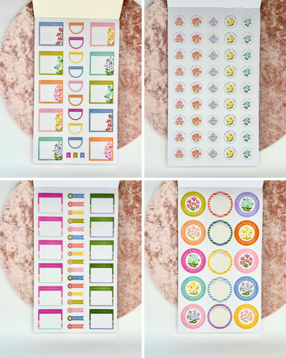 Interior pages of Wellness Edit planner sticker book showing four colorful sticker sheets with habit trackers, labels, and decorative wellness icons on a white background — for Carpe Diem Dream