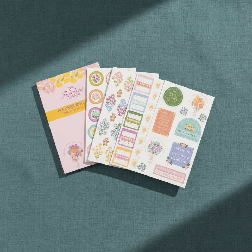 Wellness Edit planner sticker book with interior sticker sheets displayed in an angled stack on a teal textured background — for Carpe Diem Dream