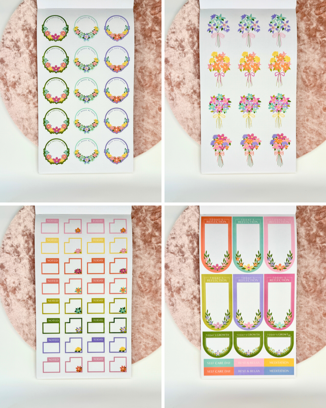 Interior pages of Wellness Edit planner sticker book showing colorful floral wreath stickers, labels, and decorative wellness elements on a white background — for Carpe Diem Dream