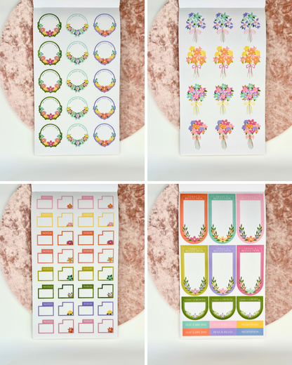Interior pages of Wellness Edit planner sticker book showing colorful floral wreath stickers, labels, and decorative wellness elements on a white background — for Carpe Diem Dream