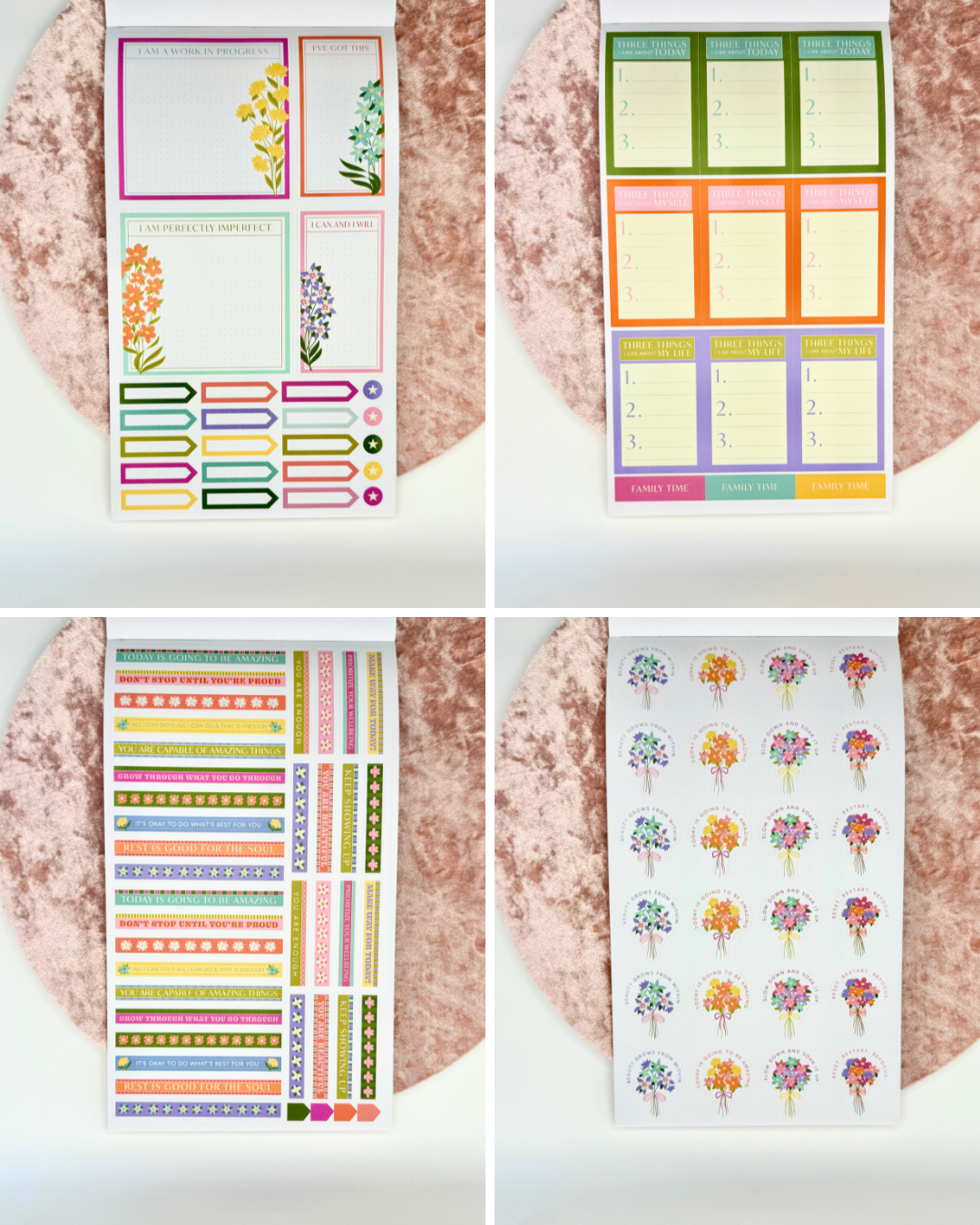 Interior pages of Wellness Edit planner sticker book showing colorful habit trackers, labels, decorative strips, and floral stickers on a white background — for Carpe Diem Dream