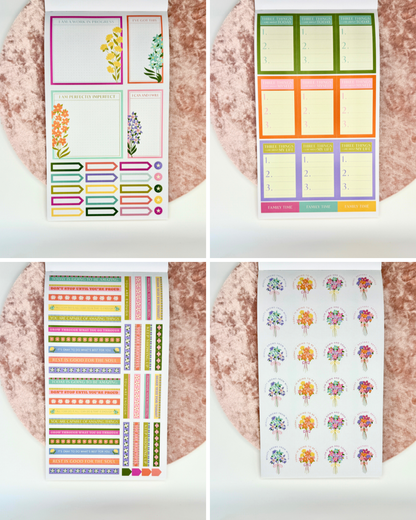 Interior pages of Wellness Edit planner sticker book showing colorful habit trackers, labels, decorative strips, and floral stickers on a white background — for Carpe Diem Dream