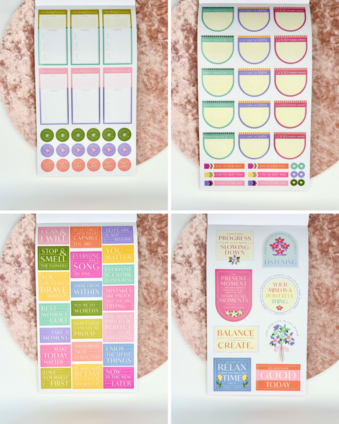 Interior pages of Wellness Edit planner sticker book showing colorful quote stickers, habit trackers, labels, and decorative wellness elements on a white background — for Carpe Diem Dream