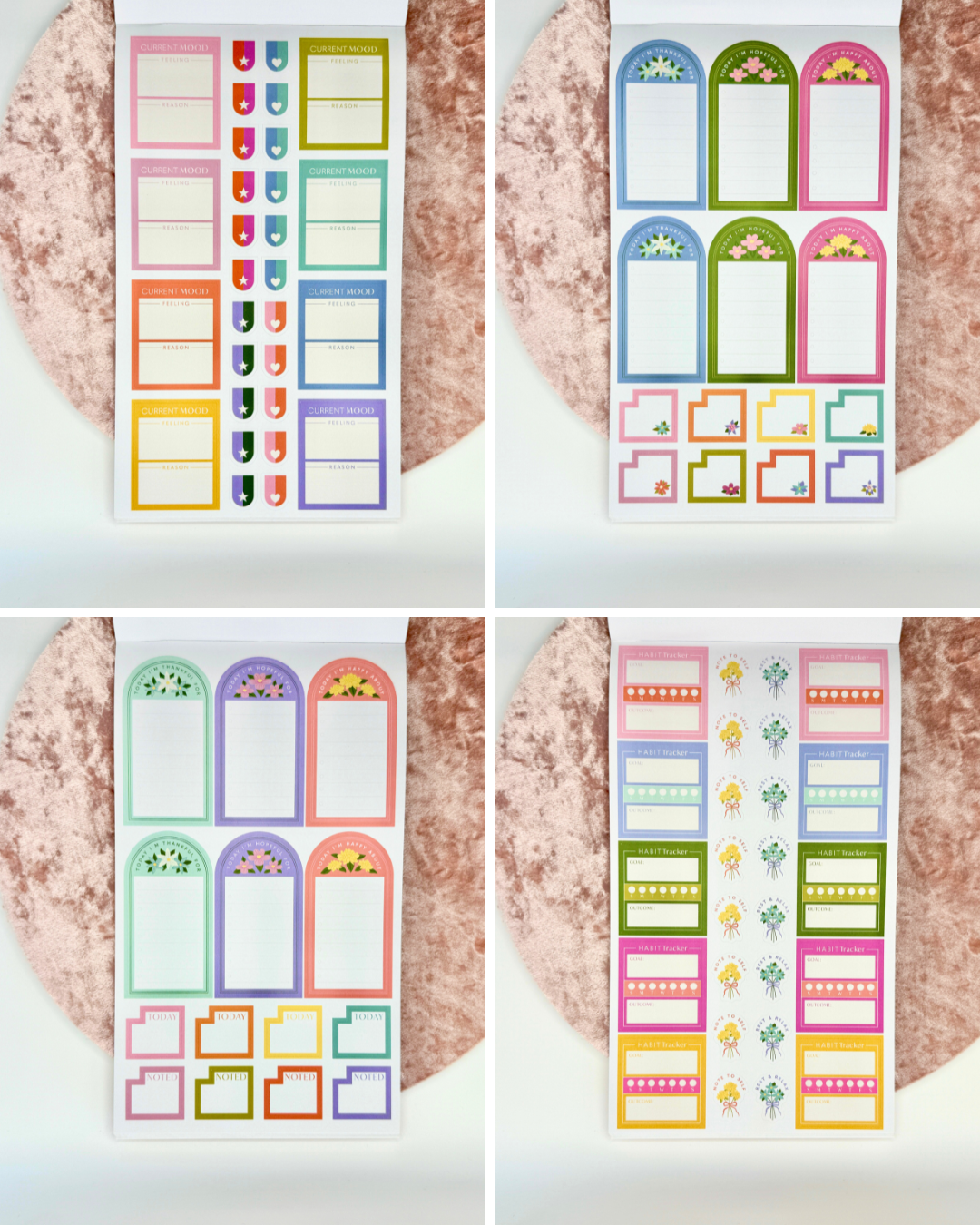 Interior pages of Wellness Edit planner sticker book showing colorful sticker sheets with habit trackers, labels, and decorative wellness elements on a white background — for Carpe Diem Dream