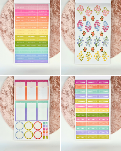 Interior pages of Wellness Edit planner sticker book showing colorful sticker sheets with habit trackers, labels, and decorative wellness elements on a white background — for Carpe Diem Dream