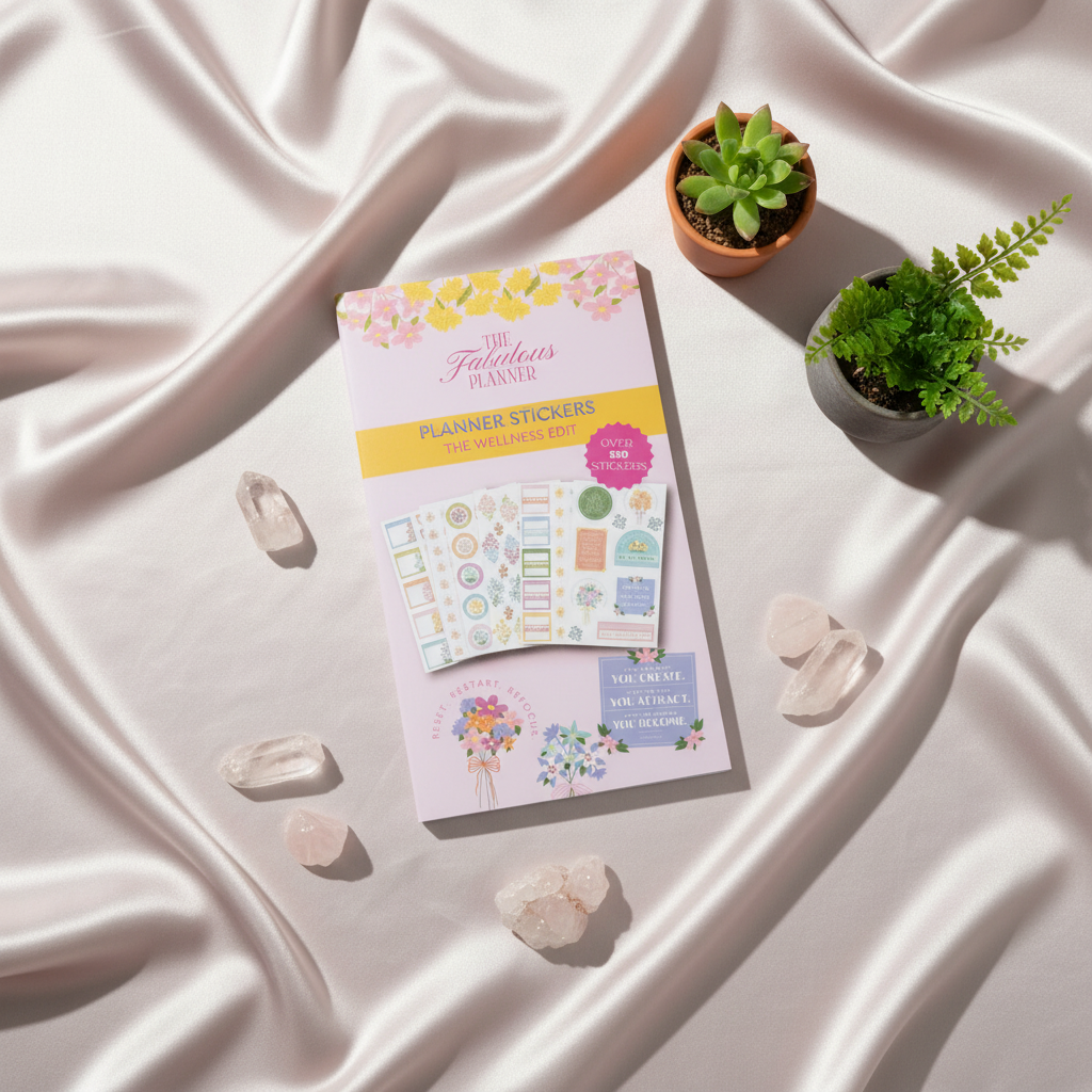 Wellness Edit planner sticker book displayed on white draped fabric with crystals and small succulents in soft natural light — for Carpe Diem Dream