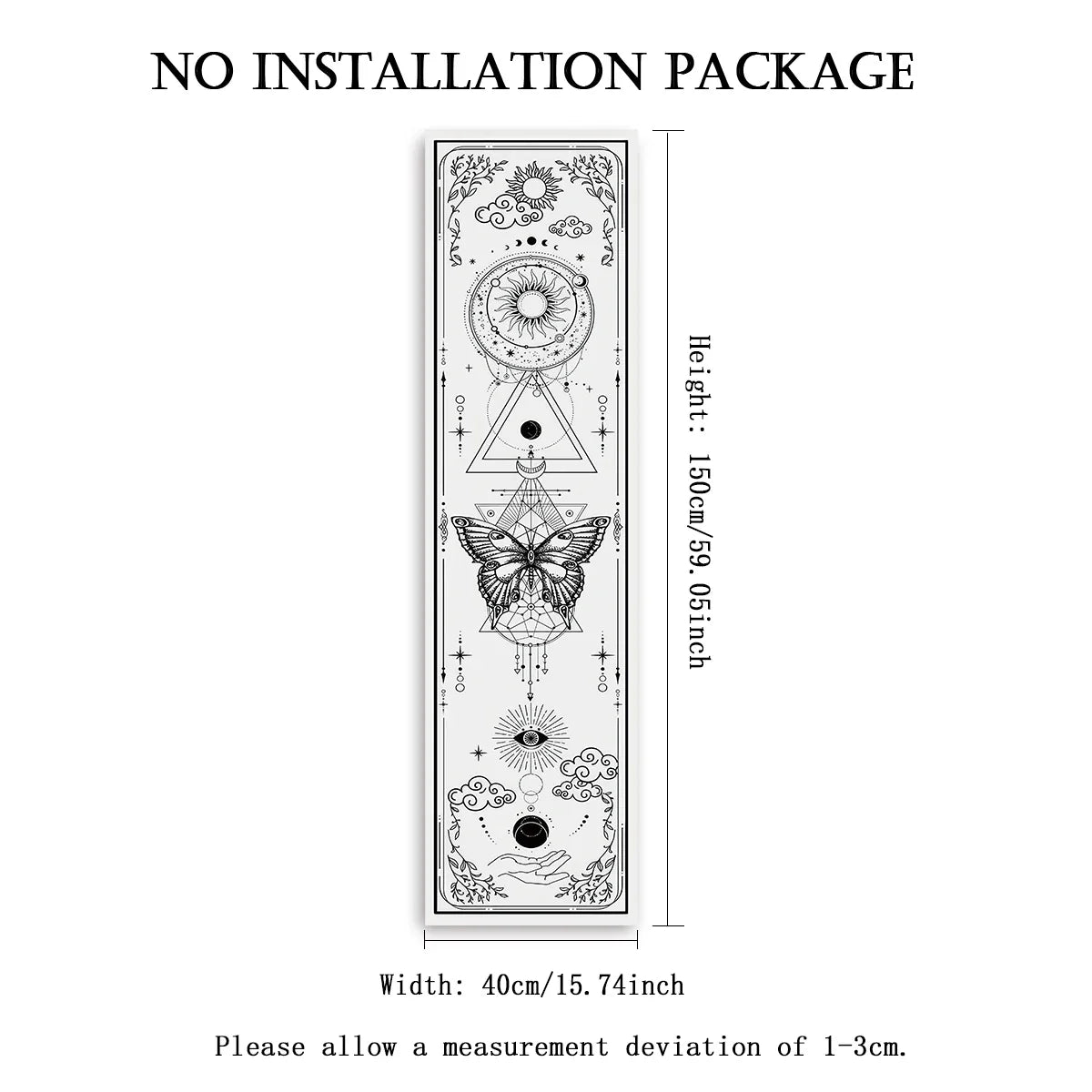 White celestial butterfly banner tapestry supplier image showing geometric sun and moon design with labeled dimensions of 59.06 inches height and 15.74 inches width on a white background. — for Carpe Diem Dream