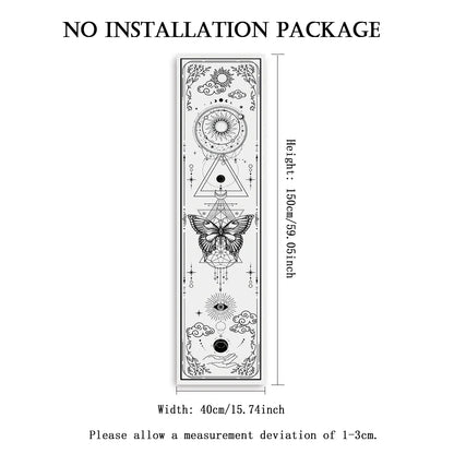 White celestial butterfly banner tapestry supplier image showing geometric sun and moon design with labeled dimensions of 59.06 inches height and 15.74 inches width on a white background. — for Carpe Diem Dream